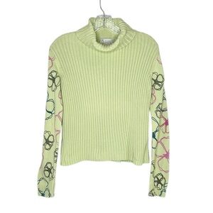 Cousin Johnny Whimsical Floral Lime Green Contour Knit Funnel Neck Sweater